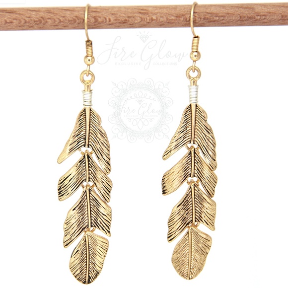 Boho Chic Gold Tone Dangling Feather Earrings - Picture 2 of 13